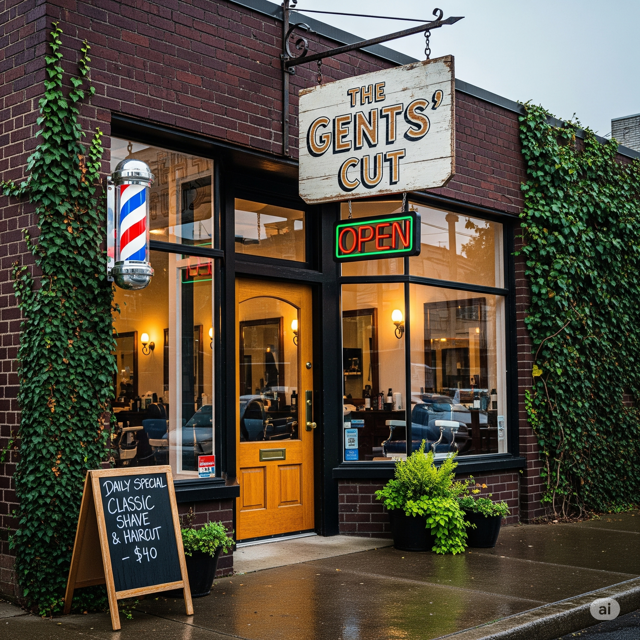 Entrada da barbearia com ambiente acolhedor e tradicional