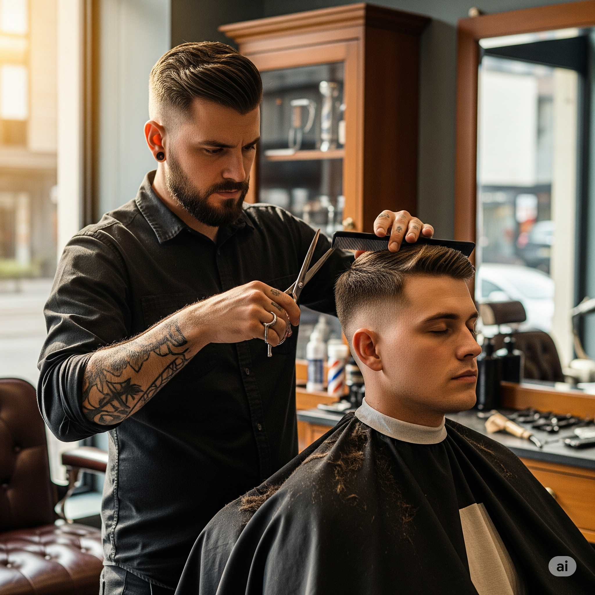 Barbeiro profissional cortando cabelo de cliente